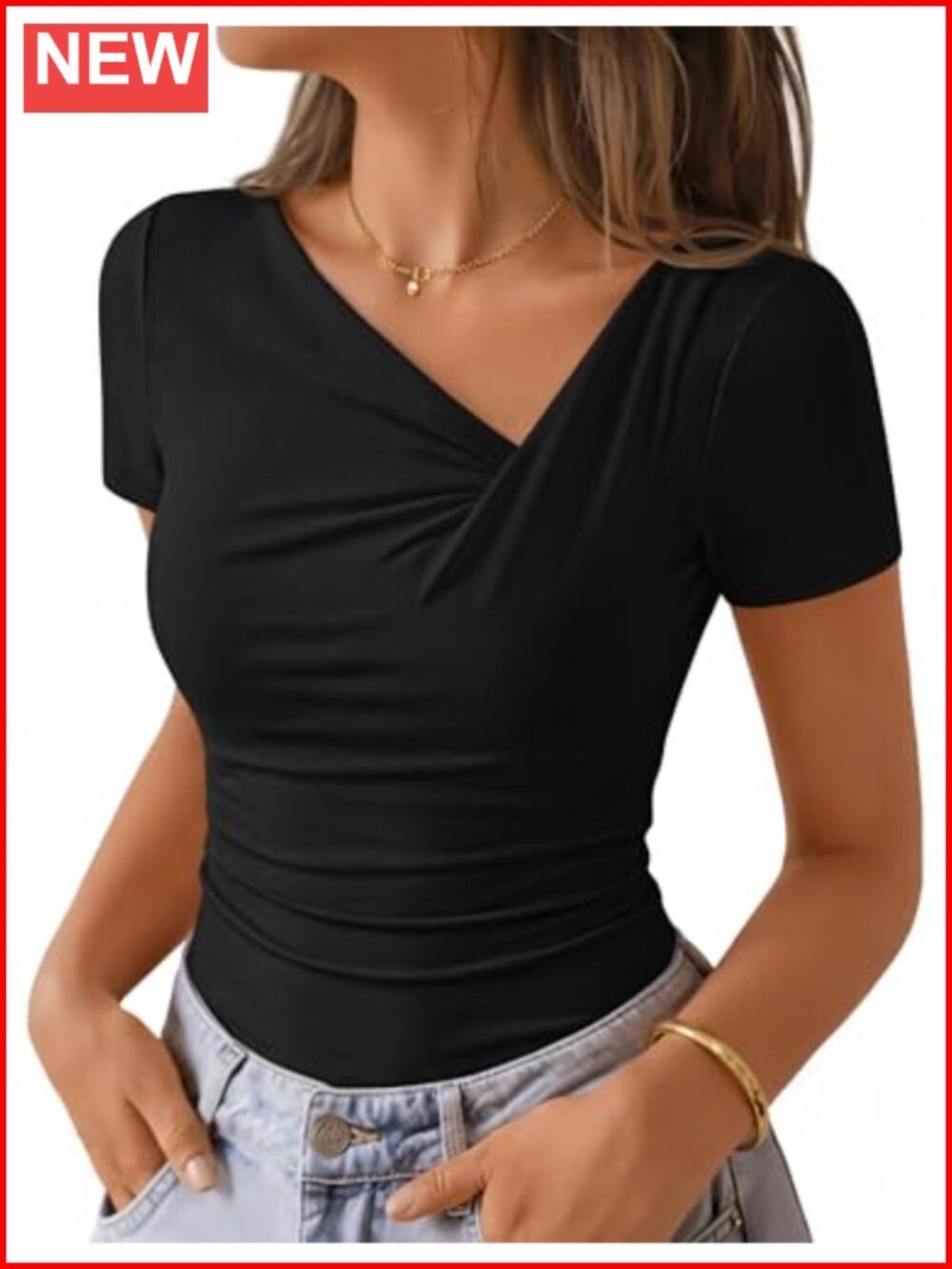 Women's Asymmetrical Ruched Short Sleeve V-Neck T-Shirt Top